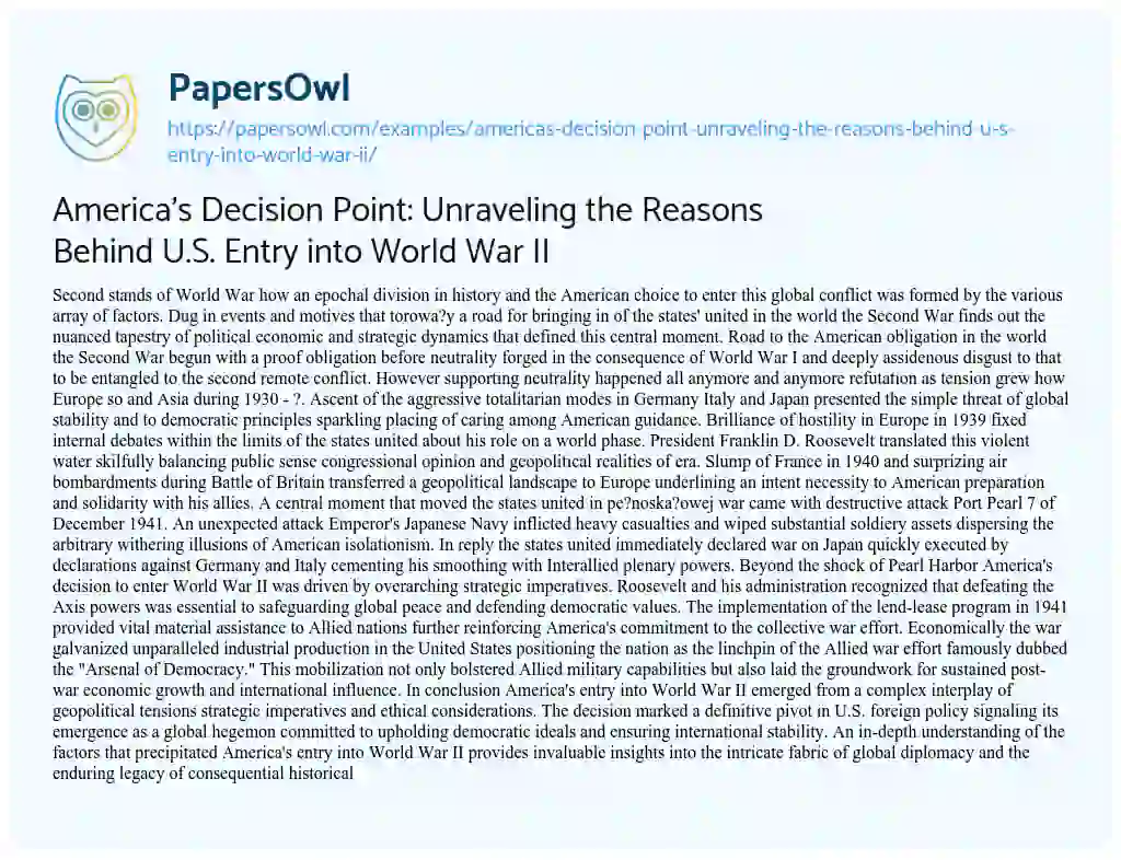 Essay on America’s Decision Point: Unraveling the Reasons Behind U.S. Entry into World War II