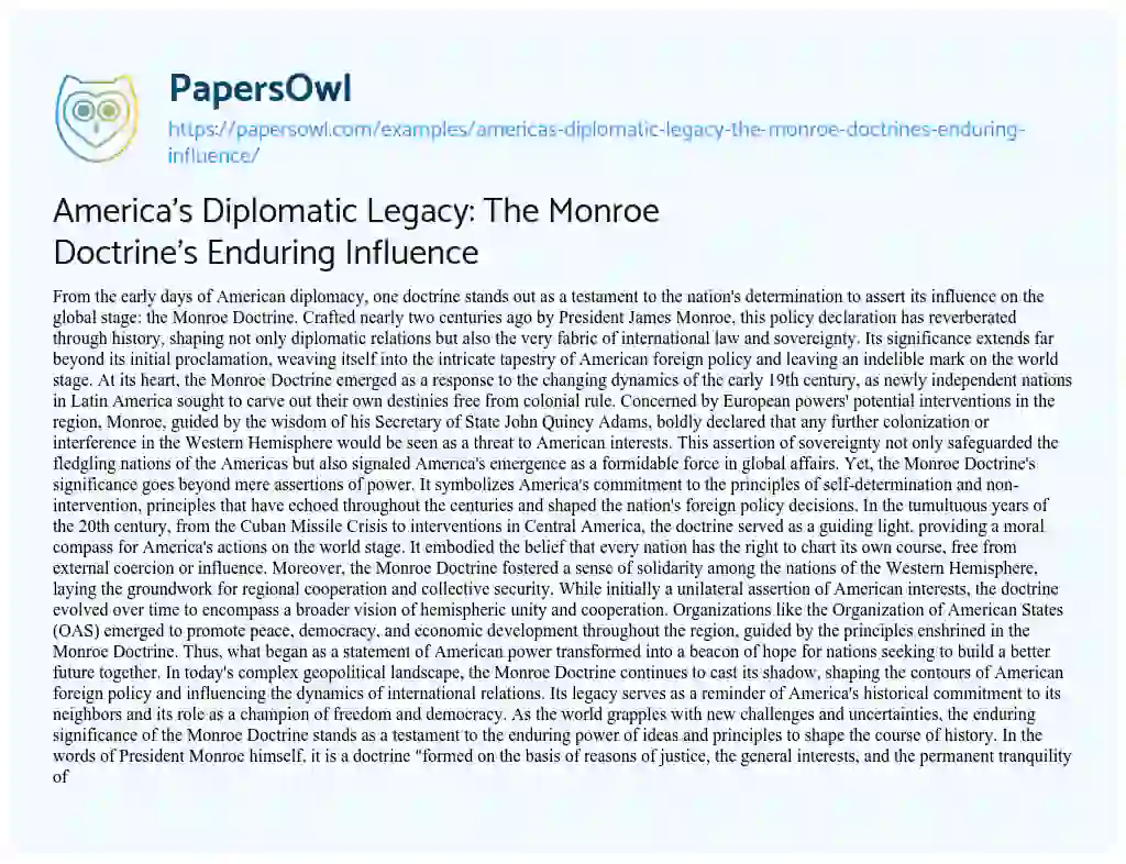 Essay on America’s Diplomatic Legacy: the Monroe Doctrine’s Enduring Influence