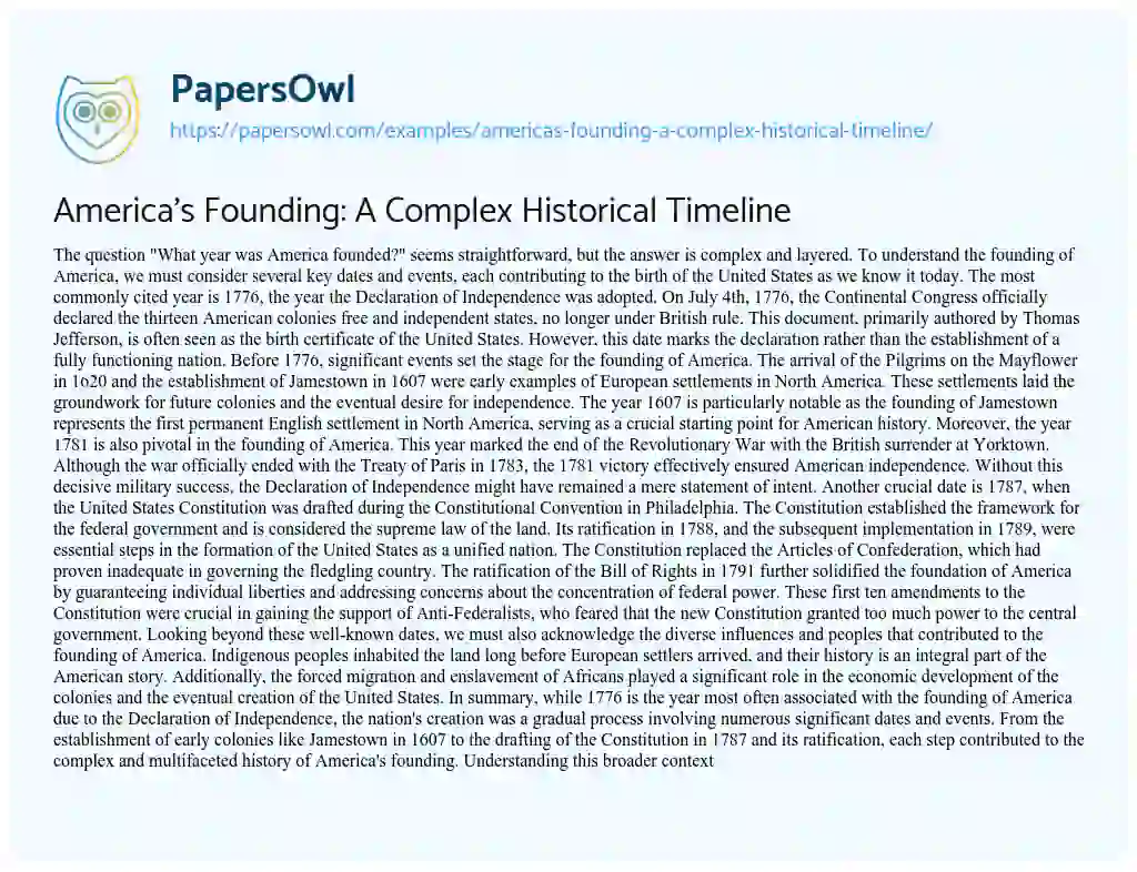 Essay on America’s Founding: a Complex Historical Timeline