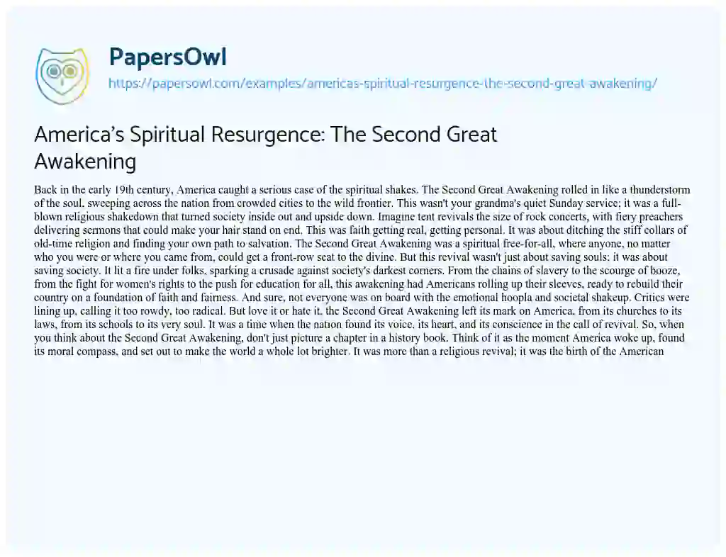 Essay on America’s Spiritual Resurgence: the Second Great Awakening