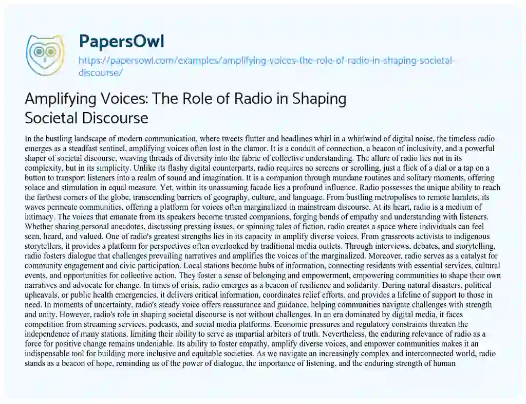 Essay on Amplifying Voices: the Role of Radio in Shaping Societal Discourse