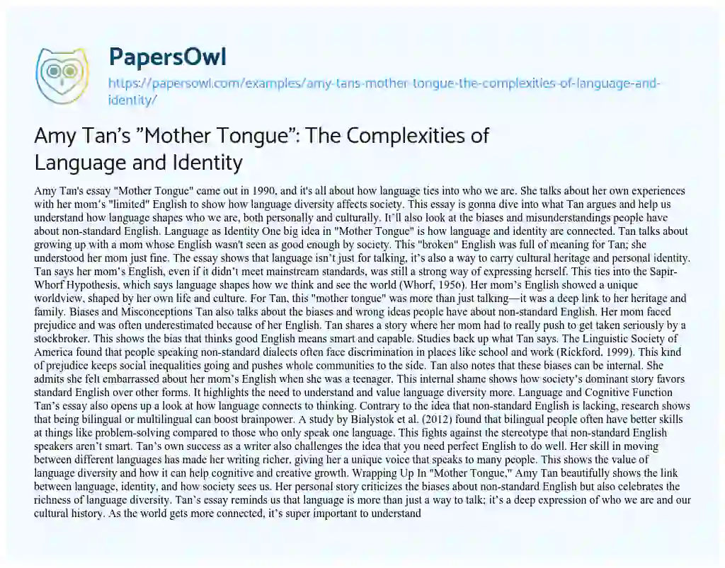 Essay on Amy Tan’s “Mother Tongue”: the Complexities of Language and Identity