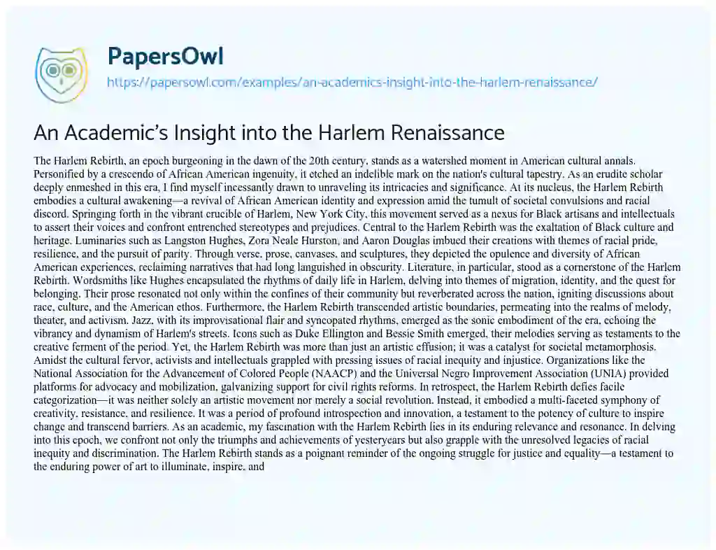 Essay on An Academic’s Insight into the Harlem Renaissance