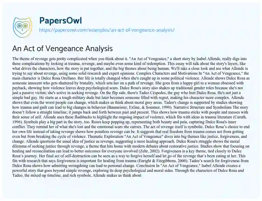 Essay on An Act of Vengeance Analysis