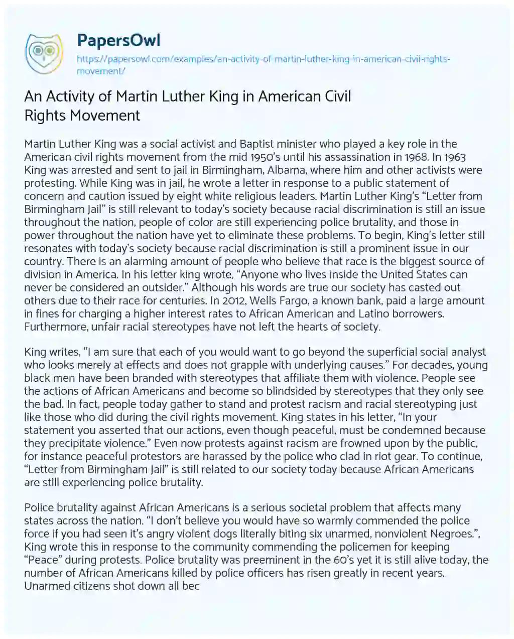Essay on An Activity of Martin Luther King in American Civil Rights Movement