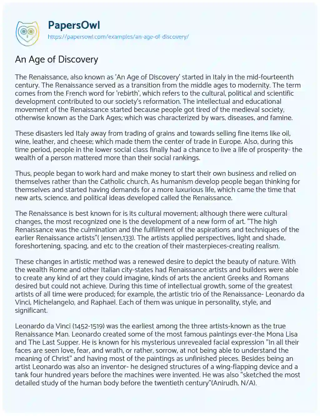 An Age of Discovery essay