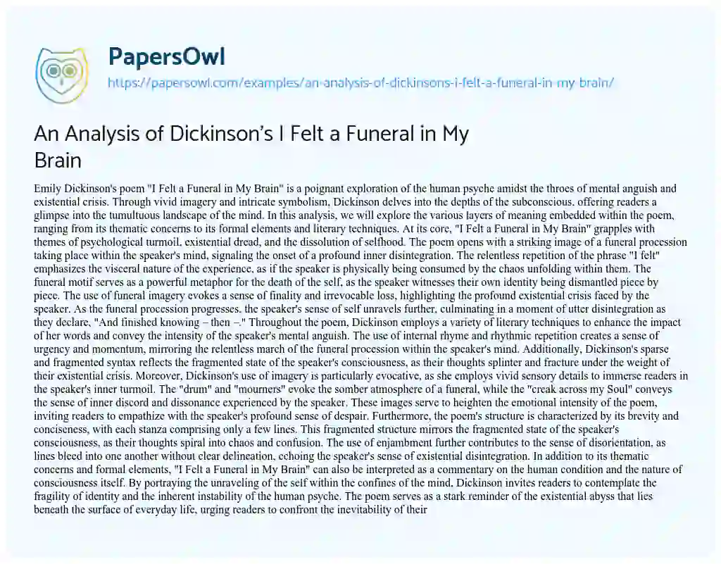 Essay on An Analysis of Dickinson’s i Felt a Funeral in my Brain
