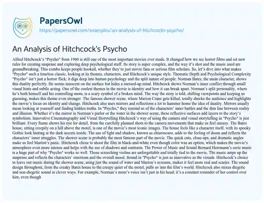 Essay on An Analysis of Hitchcock’s Psycho