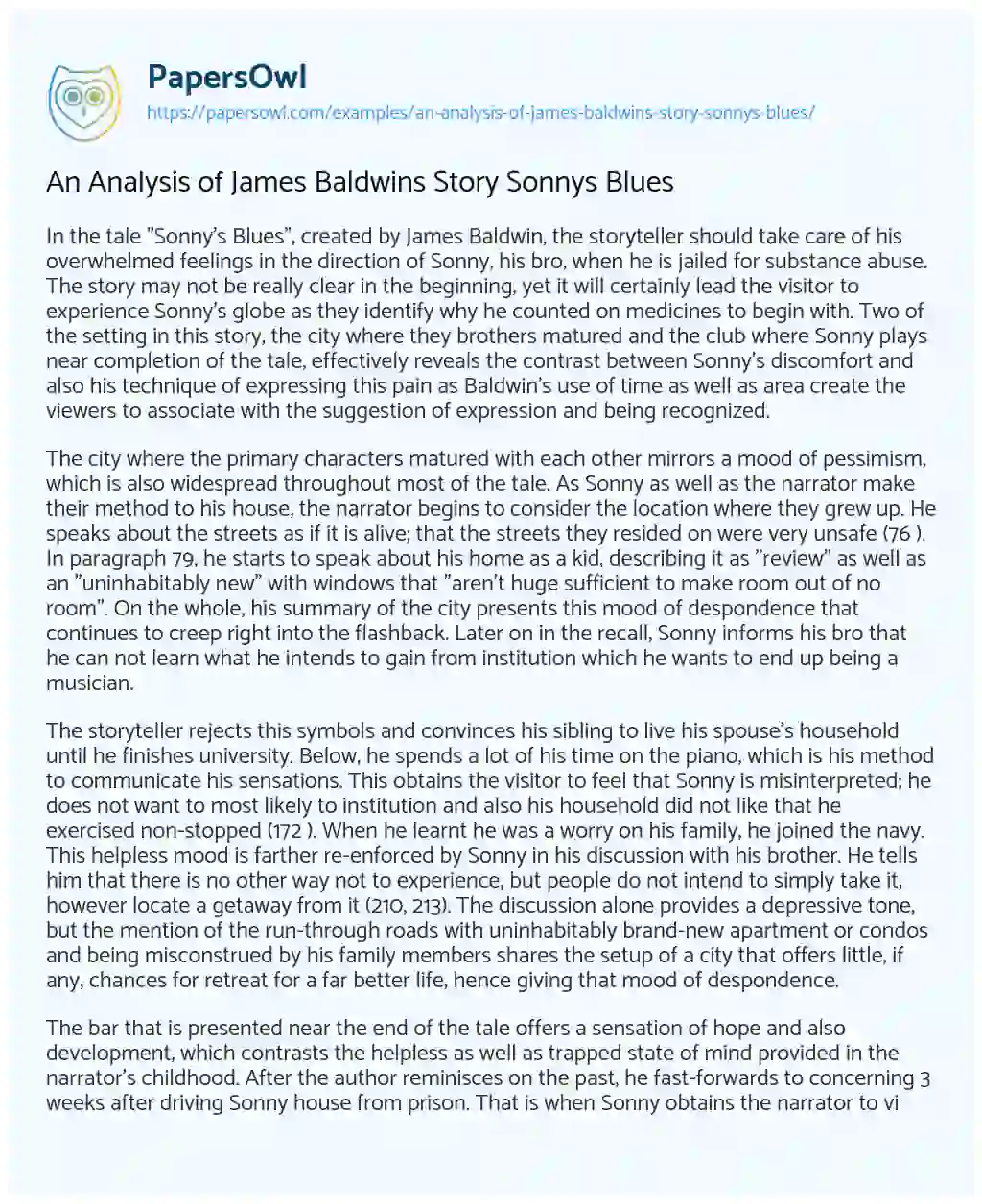 Essay on An Analysis of James Baldwins Story Sonnys Blues