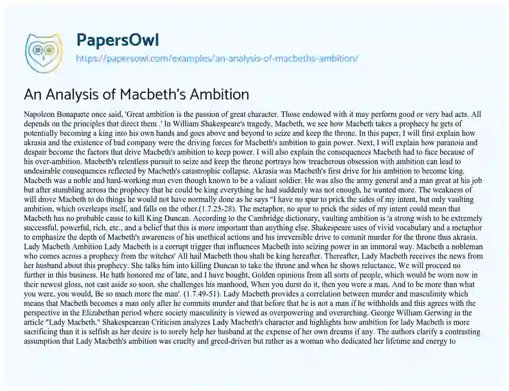 Essay on An Analysis of Macbeth’s Ambition