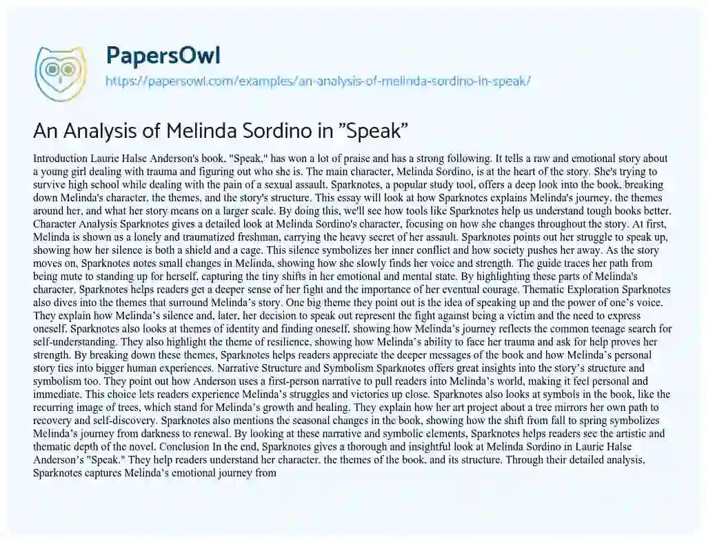 Essay on An Analysis of Melinda Sordino in “Speak”