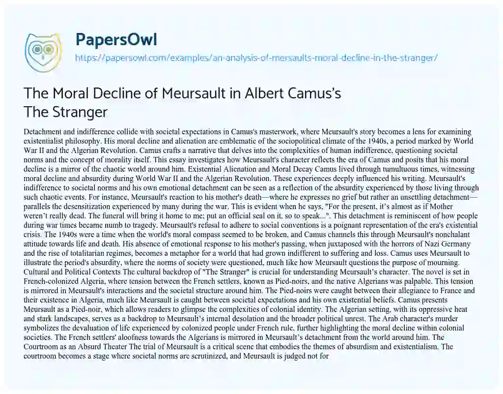 An Analysis of Mersault's Moral Decline in The Stranger - Free Essay ...