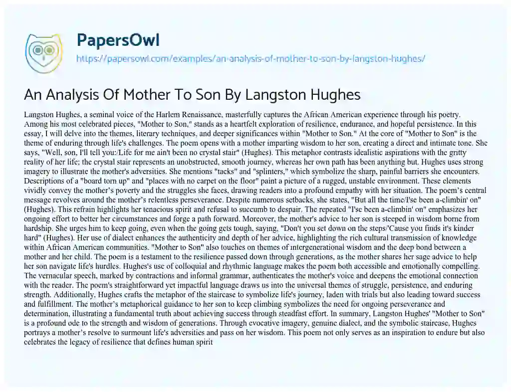 Essay on An Analysis of Mother to Son by Langston Hughes