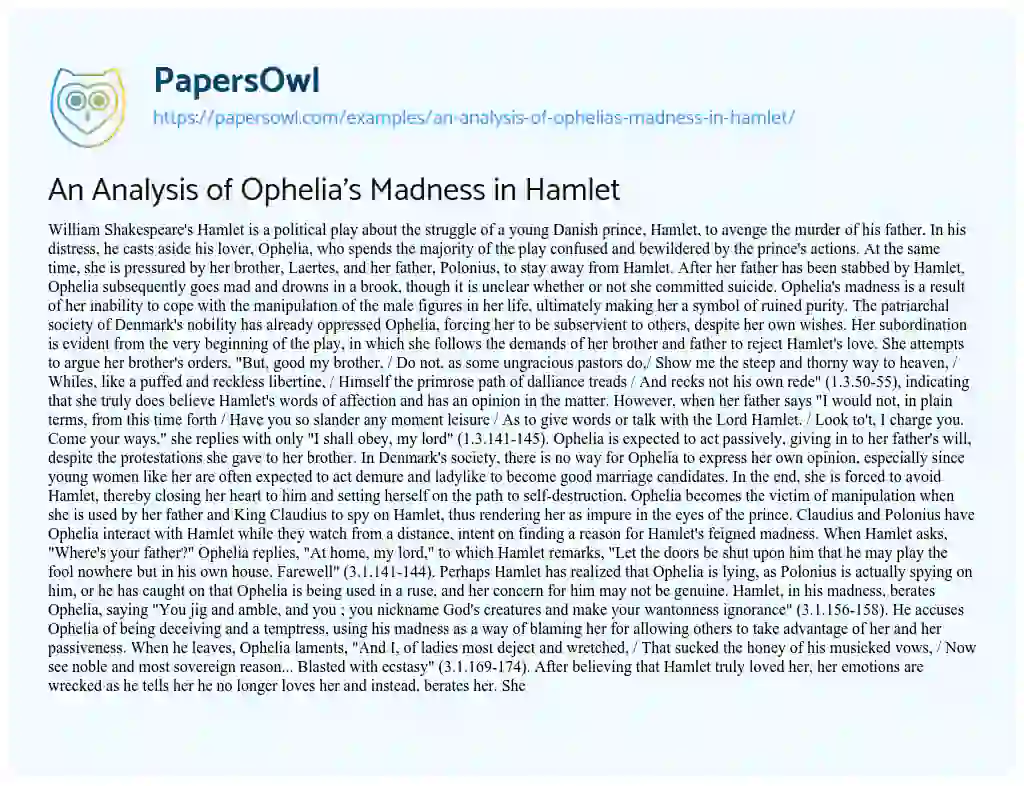 Essay on An Analysis of Ophelia’s Madness in Hamlet