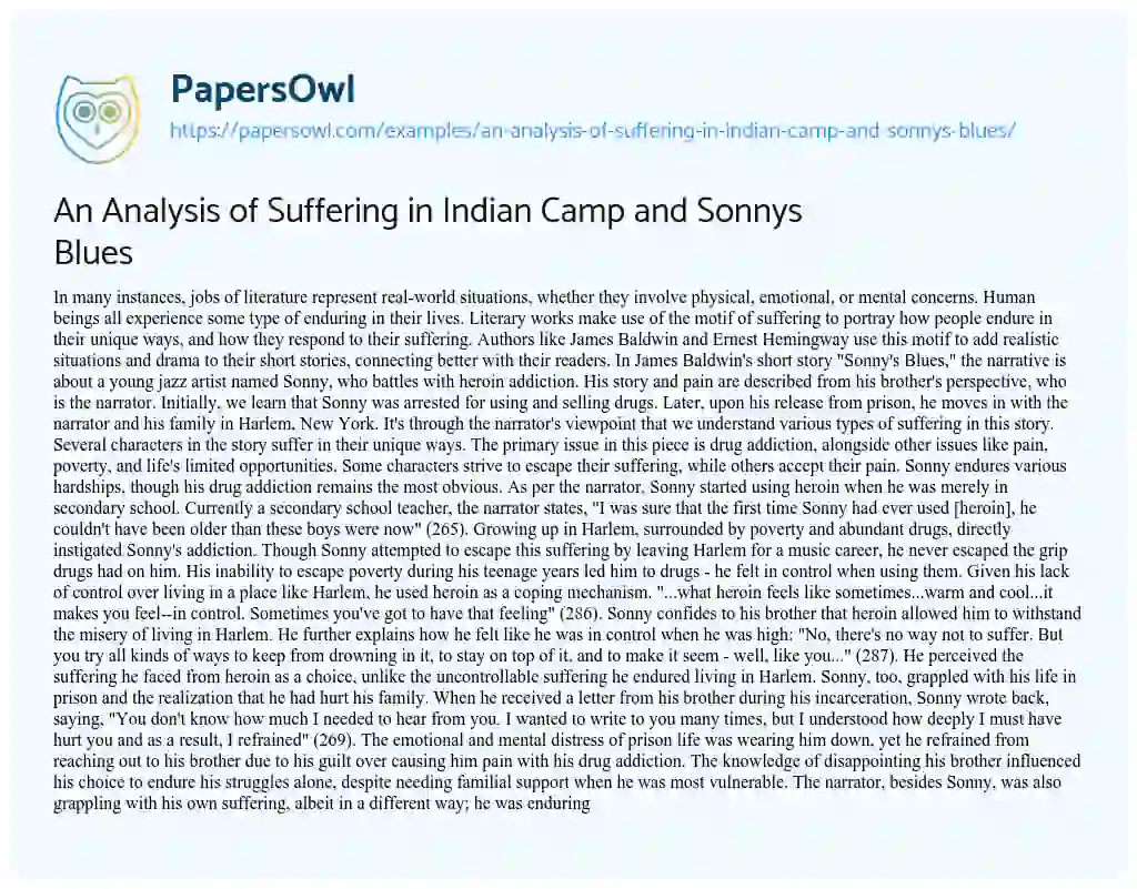 Essay on An Analysis of Suffering in Indian Camp and Sonnys Blues