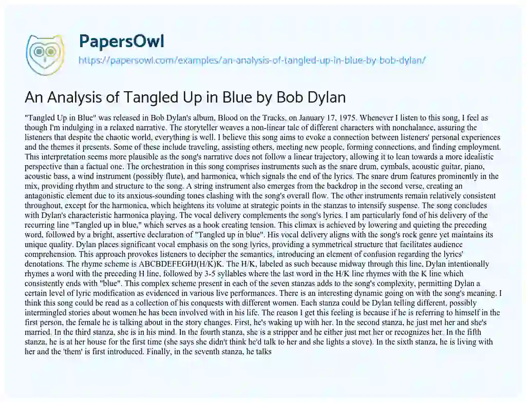 Essay on An Analysis of Tangled up in Blue by Bob Dylan