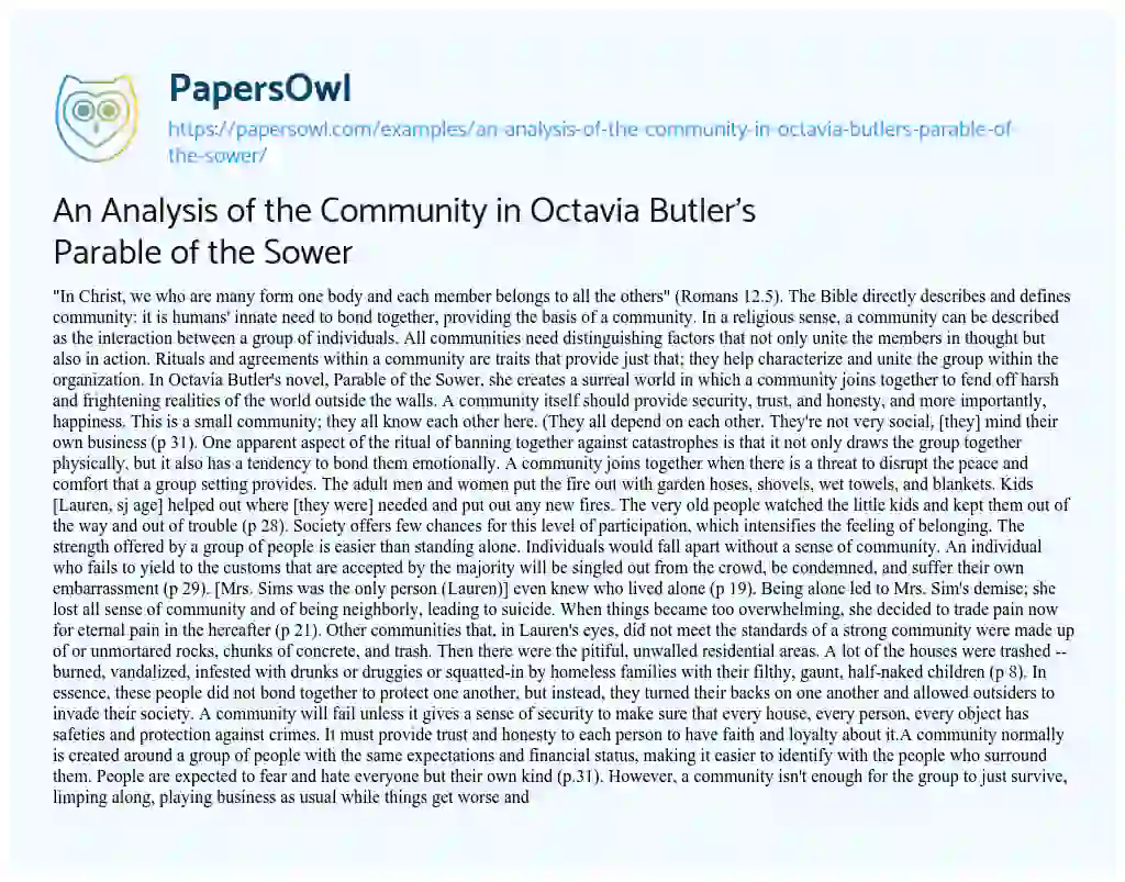 Essay on An Analysis of the Community in Octavia Butler’s Parable of the Sower
