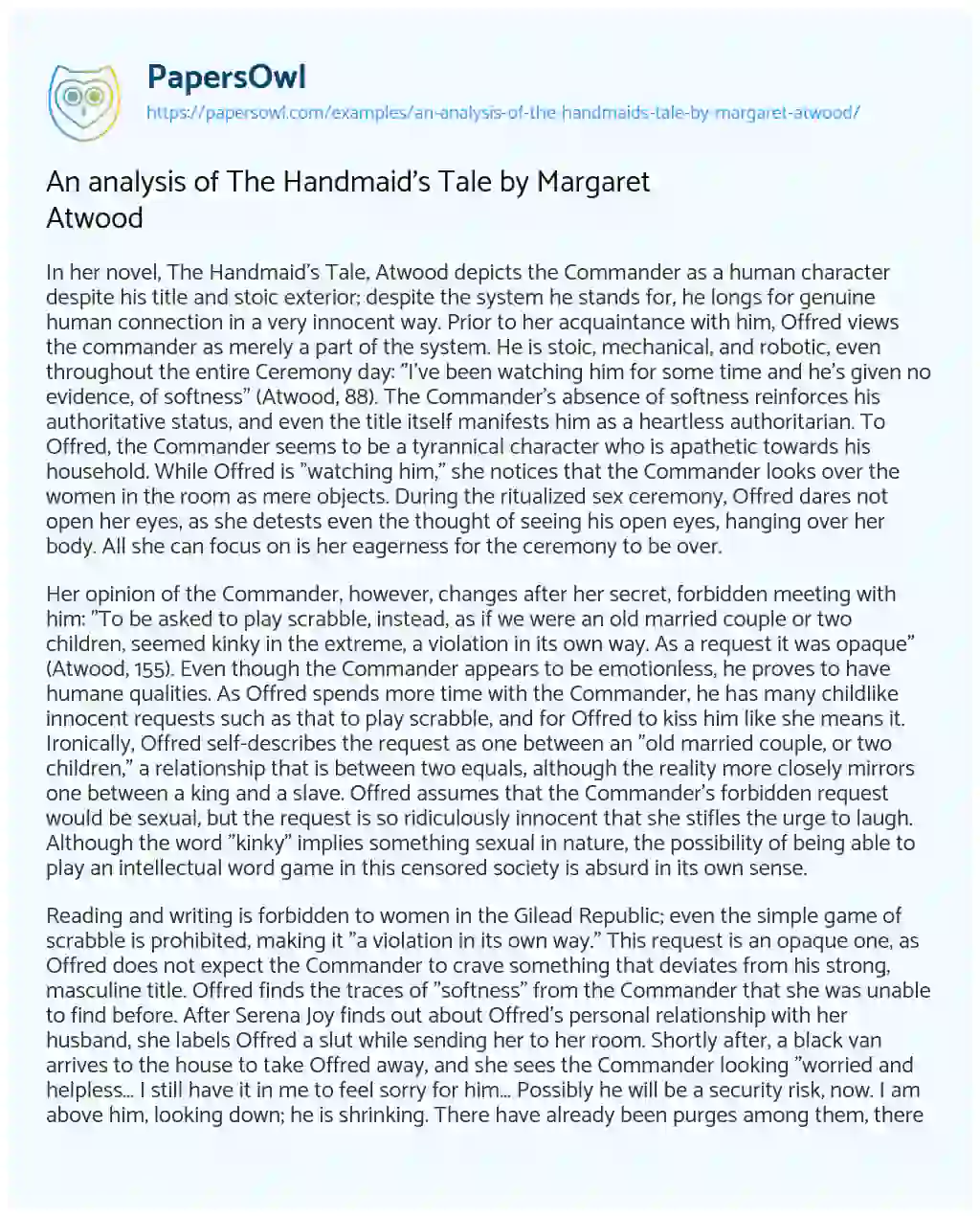 Essay on An Analysis of the Handmaid’s Tale by Margaret Atwood