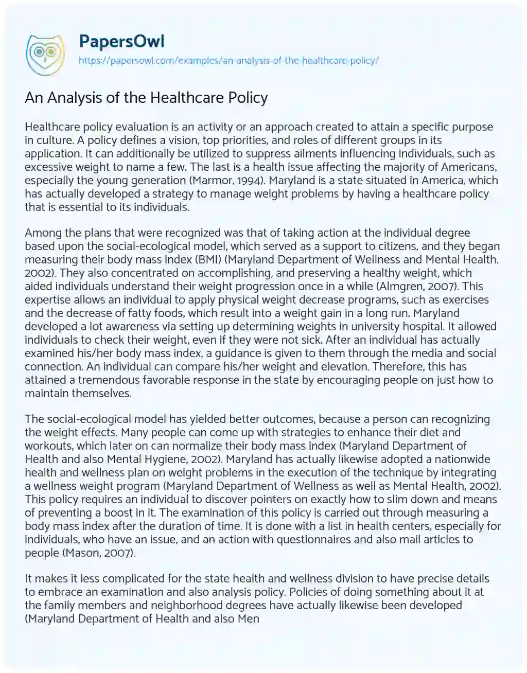 An Analysis of the Healthcare Policy essay