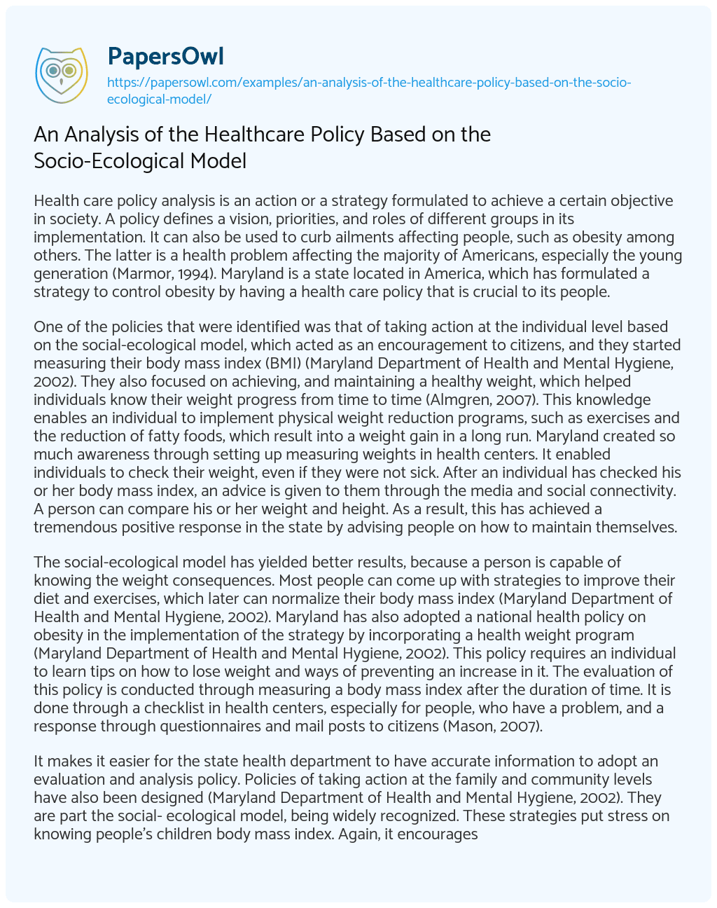 An Analysis of the Healthcare Policy Based on the Socio-Ecological Model An Analysis of the Healthcare Policy Based on the Socio-Ecological Model essay