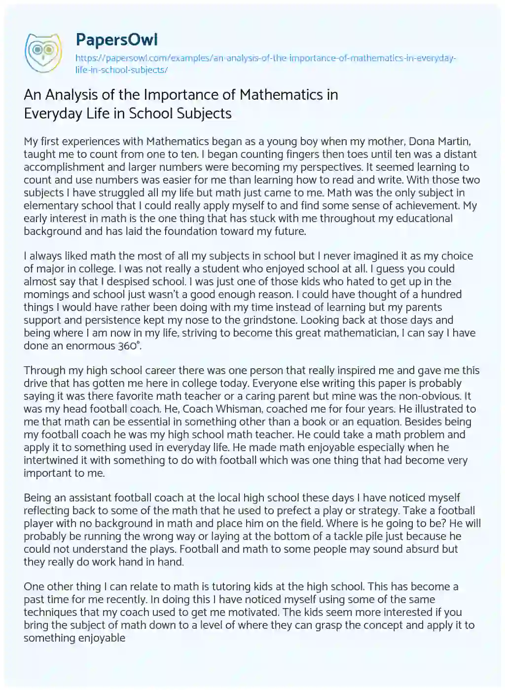 Essay on An Analysis of the Importance of Mathematics in Everyday Life in School Subjects