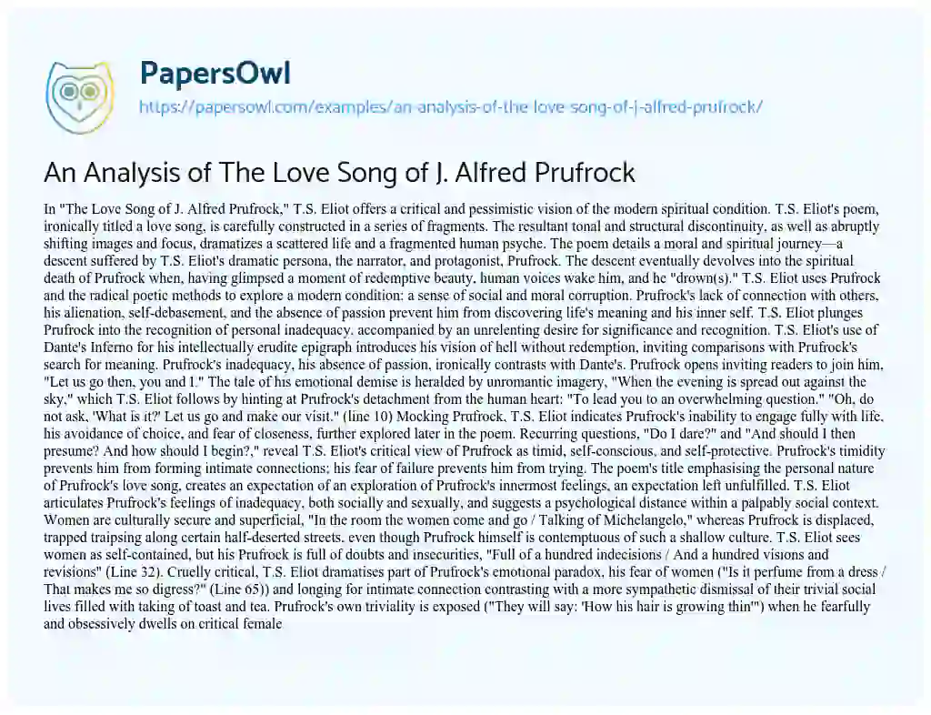 Essay on An Analysis of the Love Song of J. Alfred Prufrock