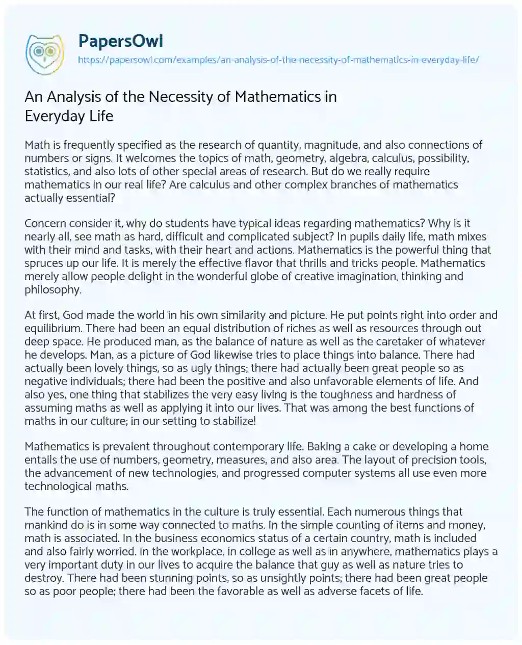 Essay on An Analysis of the Necessity of Mathematics in Everyday Life
