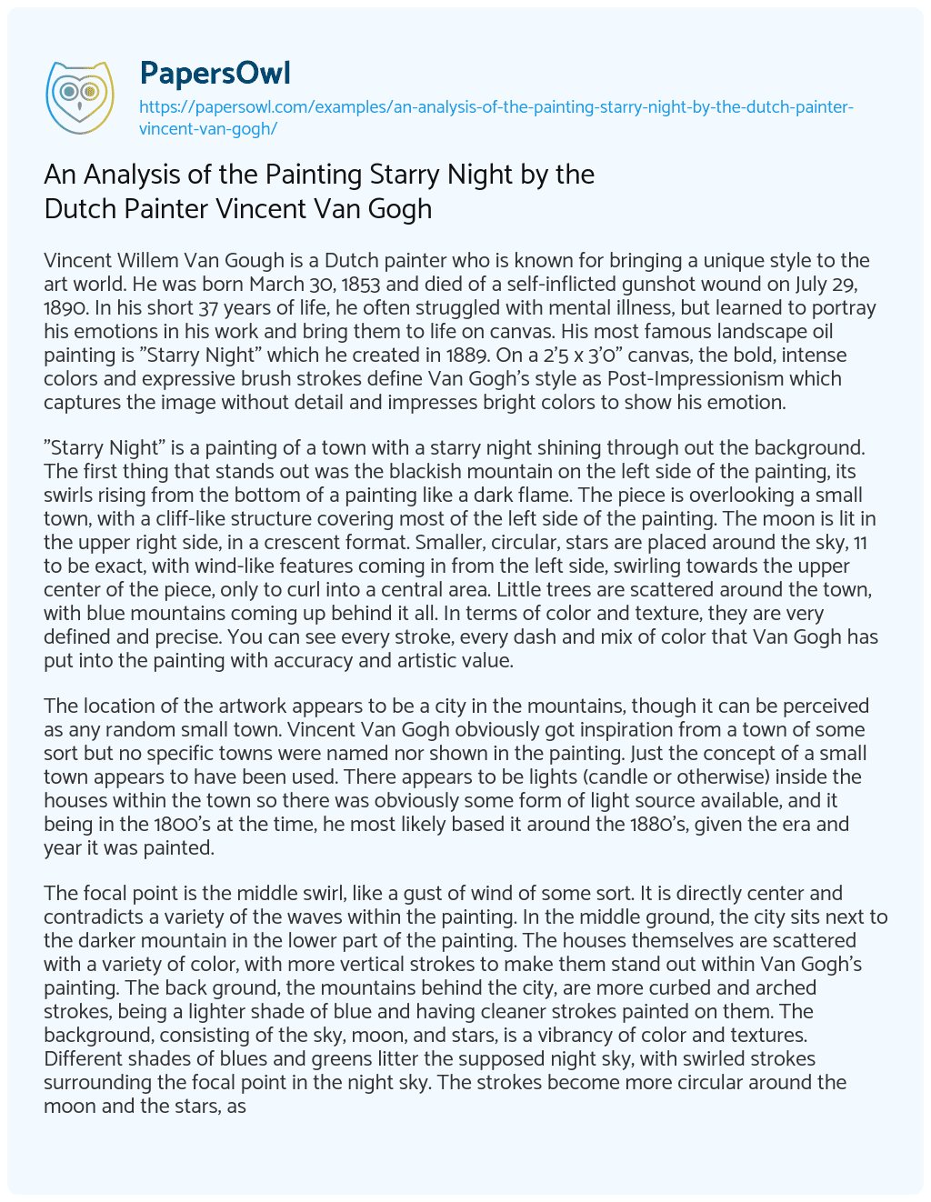 An Analysis of the Painting Starry Night by the Dutch Painter Vincent Van Gogh An Analysis of the Painting Starry Night by the Dutch Painter Vincent Van Gogh essay