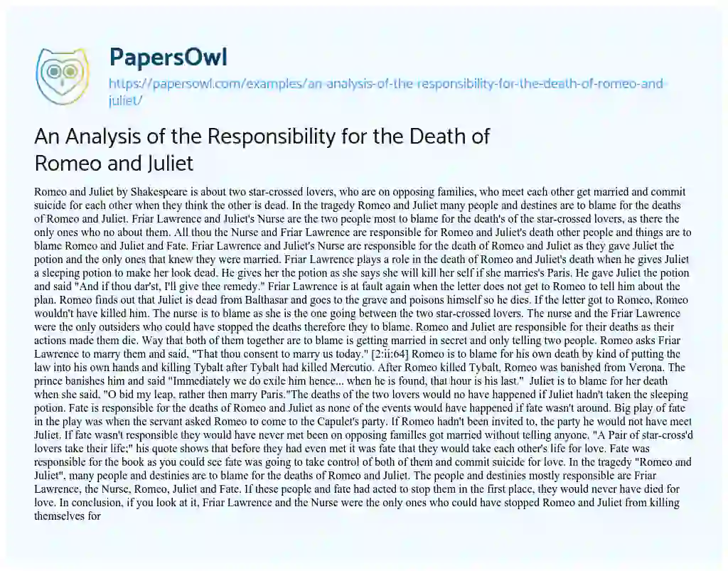 Essay on An Analysis of the Responsibility for the Death of Romeo and Juliet