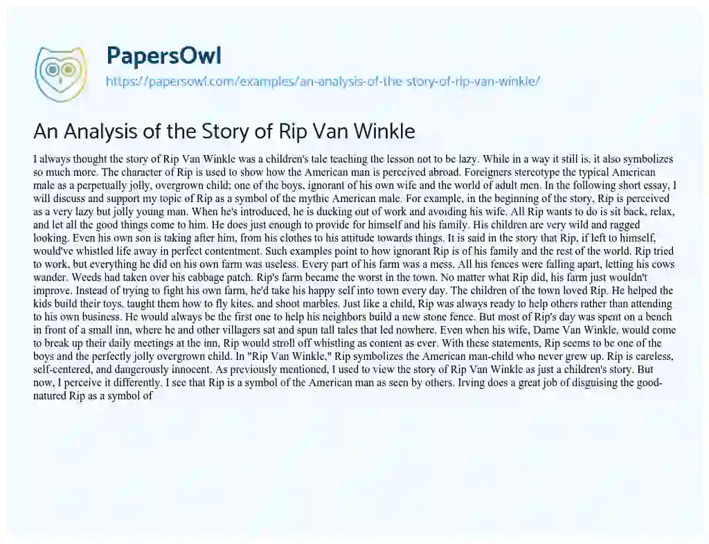 Essay on An Analysis of the Story of Rip Van Winkle