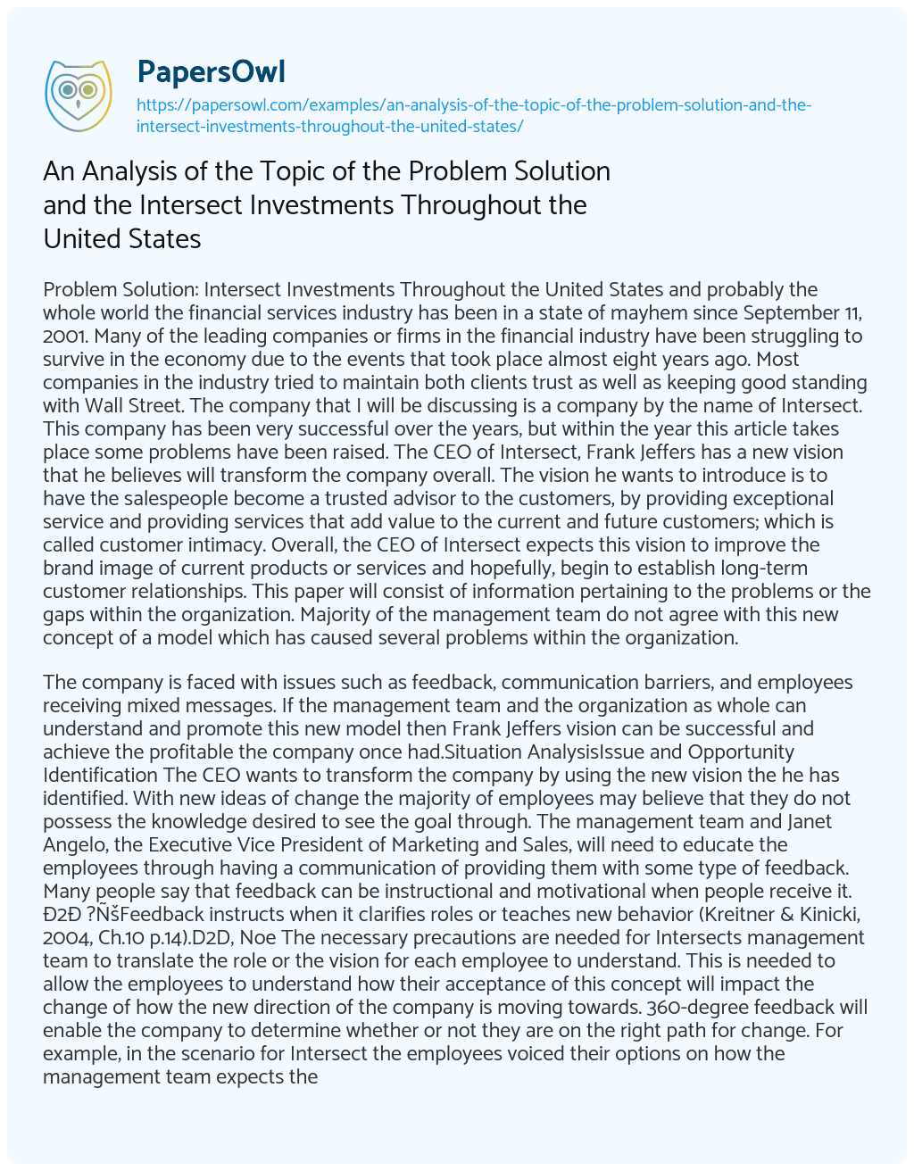 An Analysis of the Topic of the Problem Solution and the Intersect Investments Throughout the United States An Analysis of the Topic of the Problem Solution and the Intersect Investments Throughout the United States essay