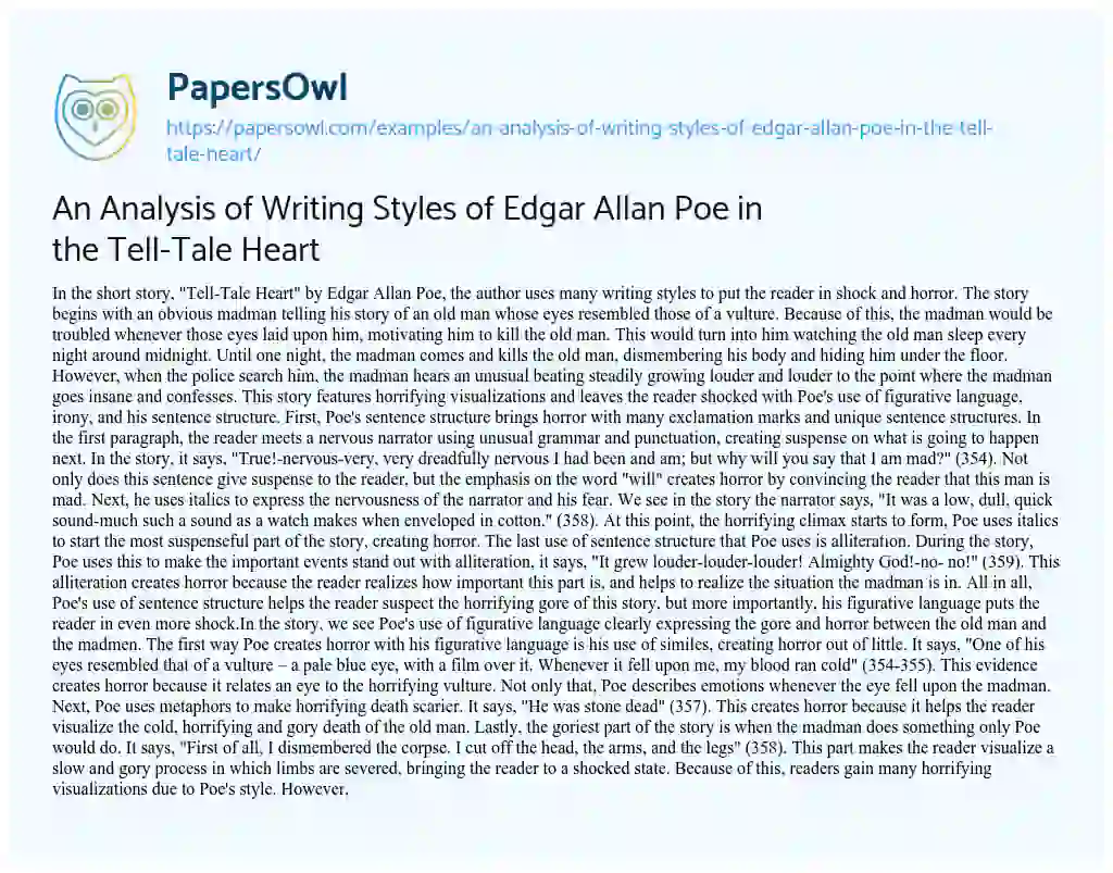 Essay on An Analysis of Writing Styles of Edgar Allan Poe in the Tell-Tale Heart