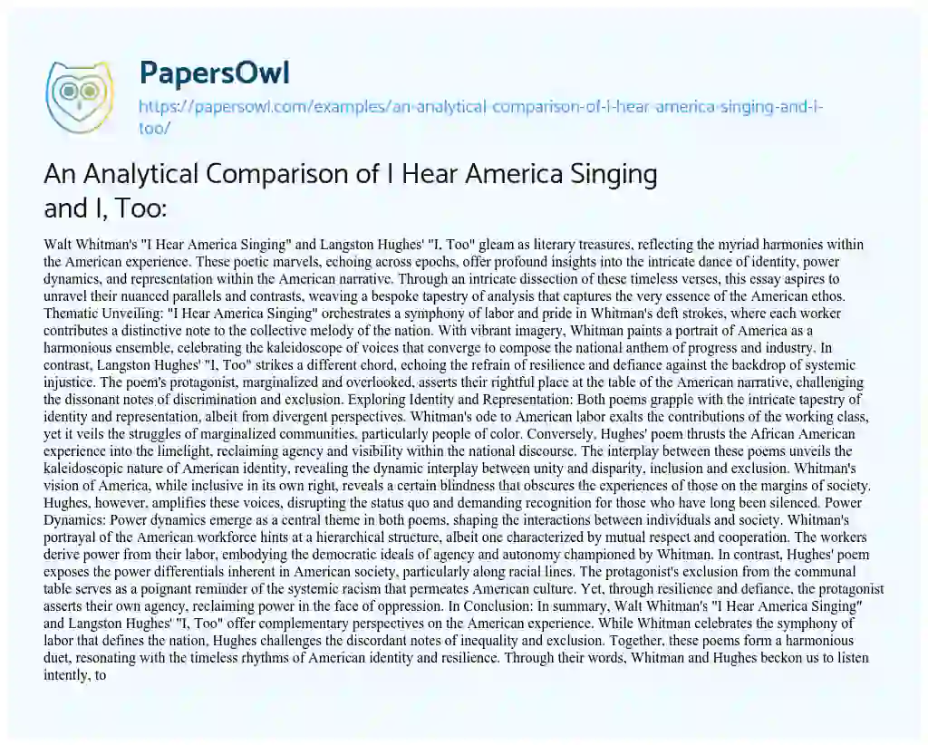Essay on An Analytical Comparison of i Hear America Singing and I, Too: