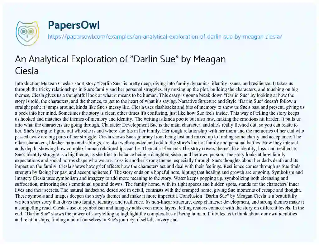 Essay on An Analytical Exploration of “Darlin Sue” by Meagan Ciesla