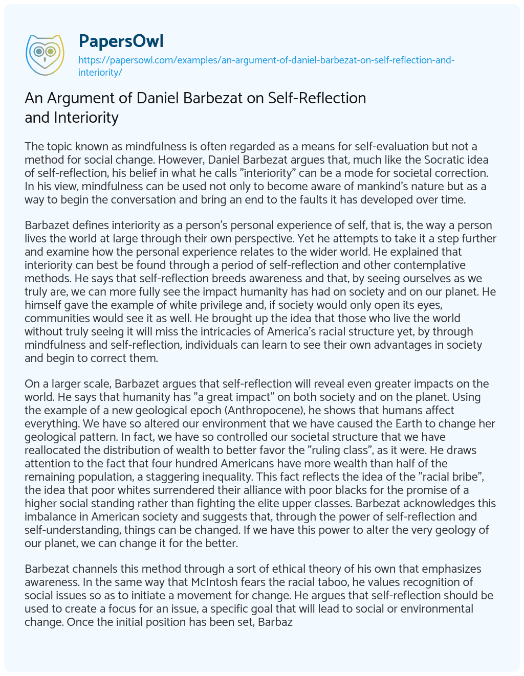 An Argument of Daniel Barbezat on Self-Reflection and Interiority An Argument of Daniel Barbezat on Self-Reflection and Interiority essay