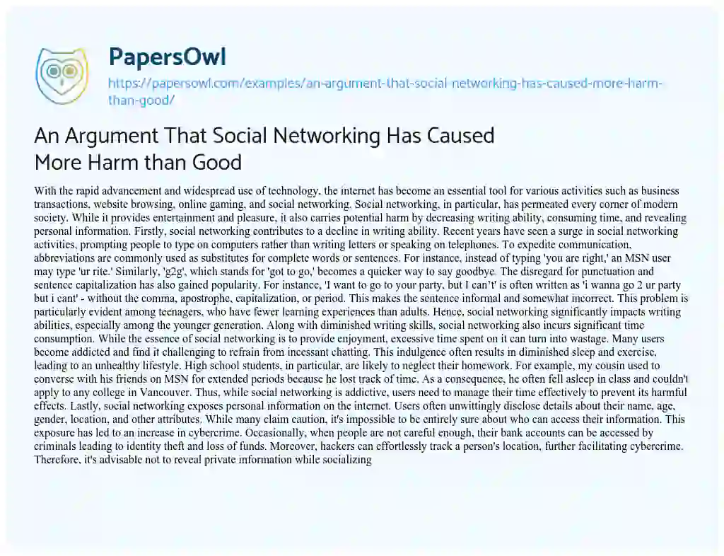 Essay on An Argument that Social Networking has Caused more Harm than Good