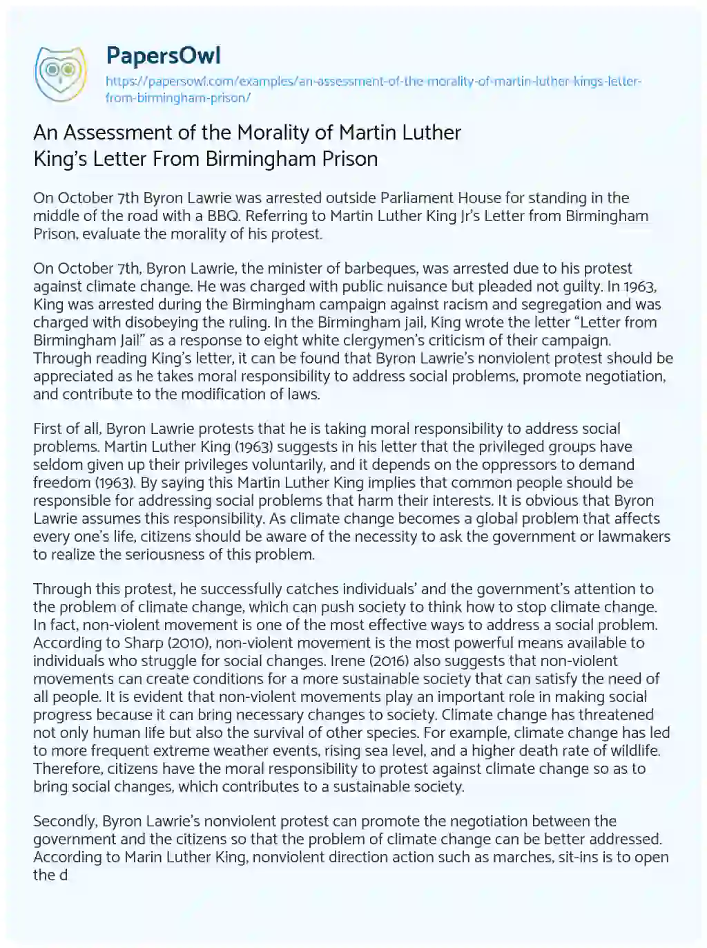 Essay on An Assessment of the Morality of Martin Luther King’s Letter from Birmingham Prison