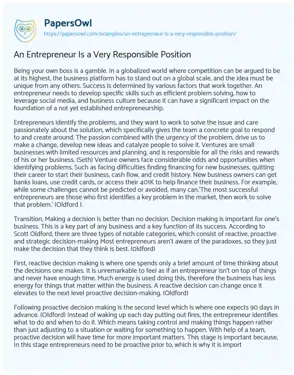 Essay on An Entrepreneur is a very Responsible Position