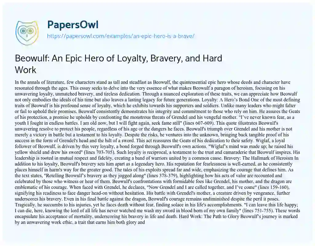 Essay on An Epic Hero is a Brave