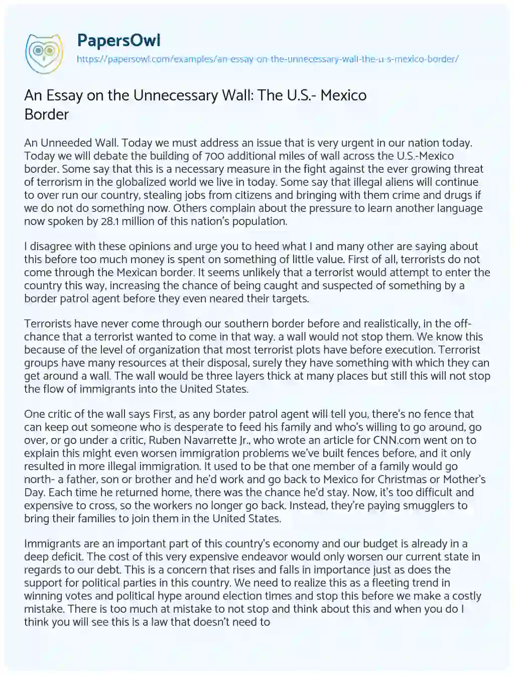 Essay on An Essay on the Unnecessary Wall: the U.S.- Mexico Border