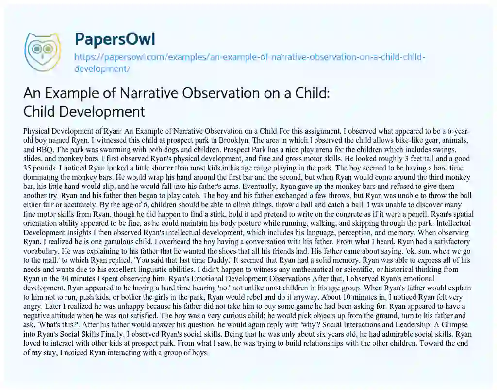 Essay on An Example of Narrative Observation on a Child: Child Development