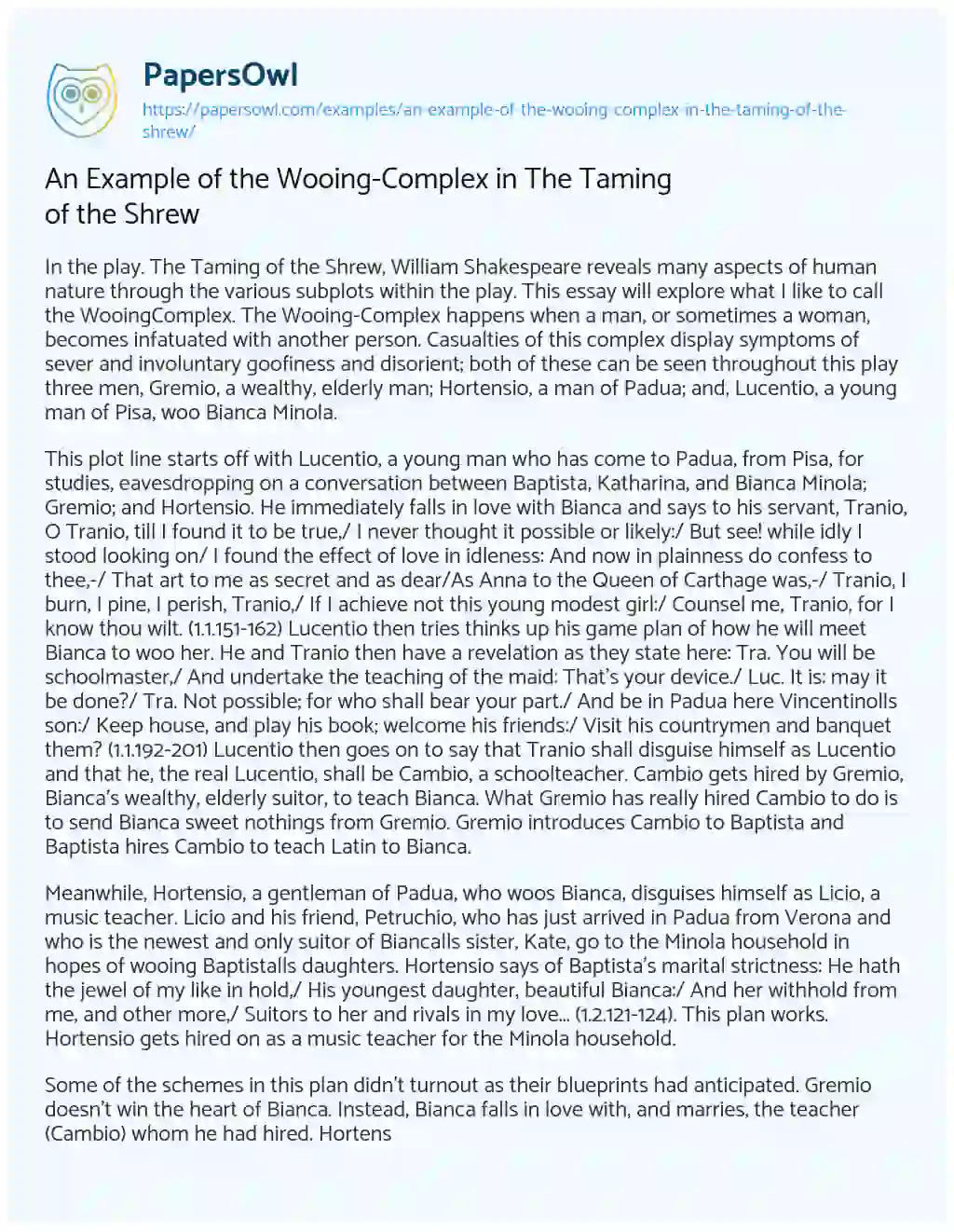 Essay on An Example of the Wooing-Complex in the Taming of the Shrew