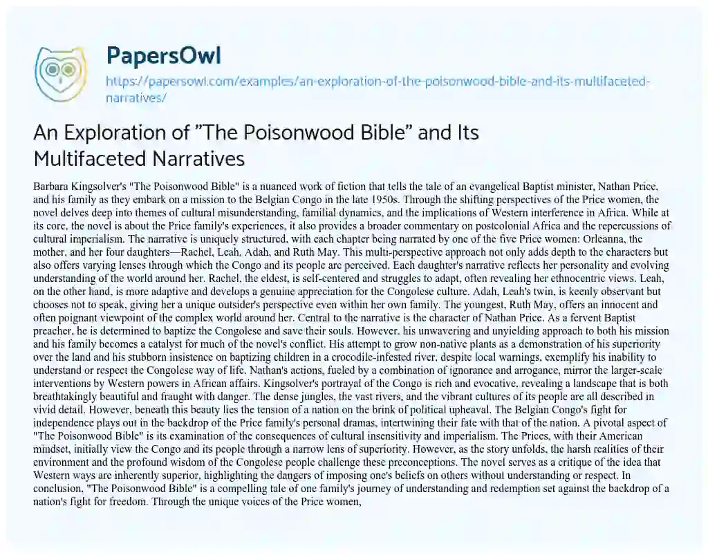 Essay on An Exploration of “The Poisonwood Bible” and its Multifaceted Narratives