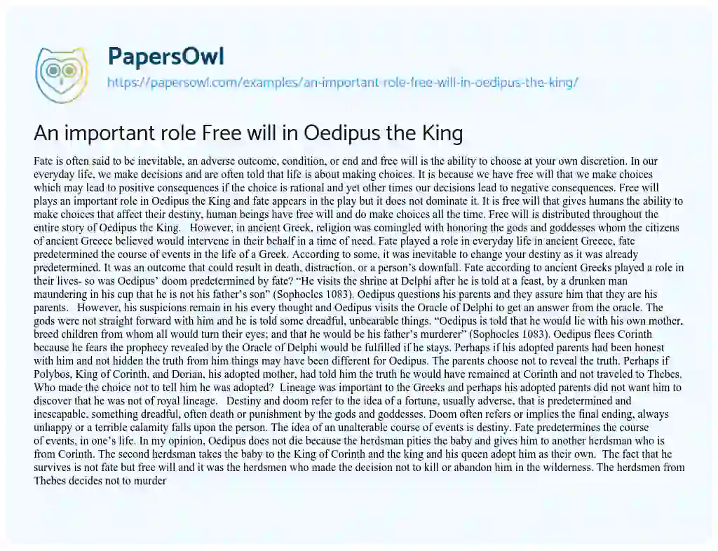 Essay on An Important Role Free Will in Oedipus the King