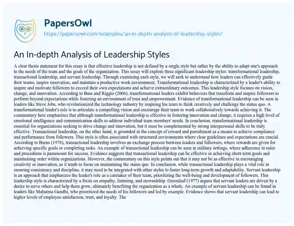 Essay on An In-depth Analysis of Leadership Styles