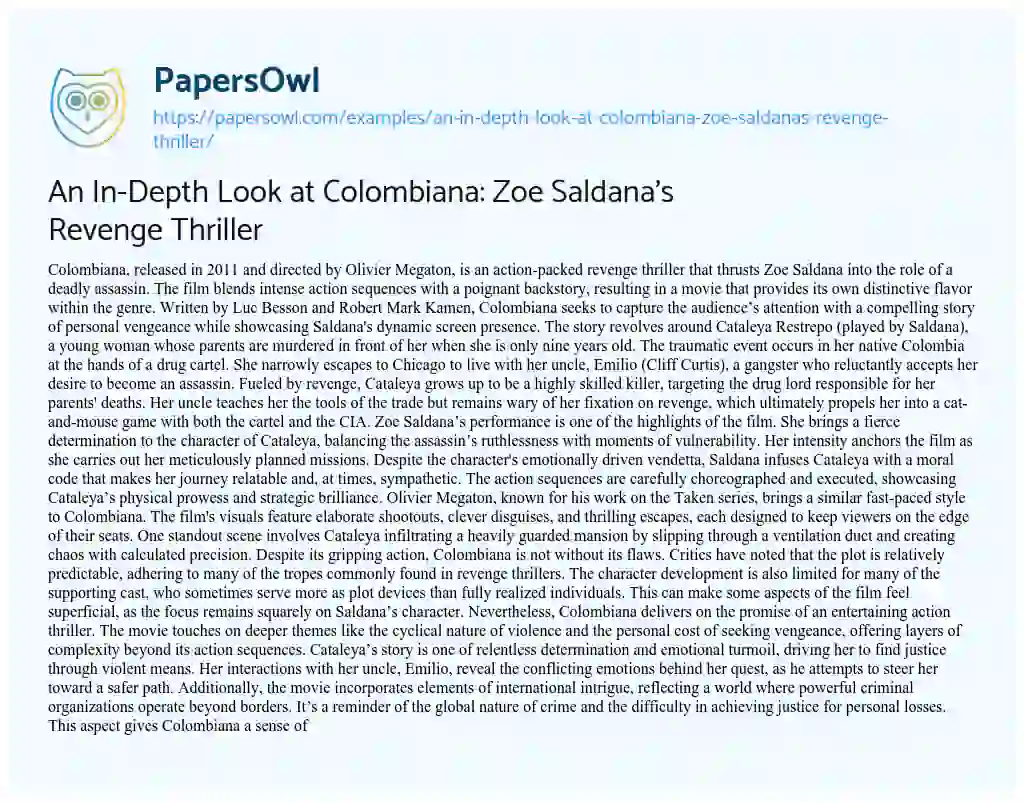 Essay on An In-Depth Look at Colombiana: Zoe Saldana’s Revenge Thriller