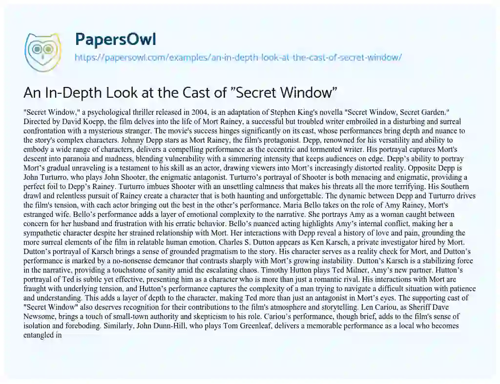 Essay on An In-Depth Look at the Cast of “Secret Window”