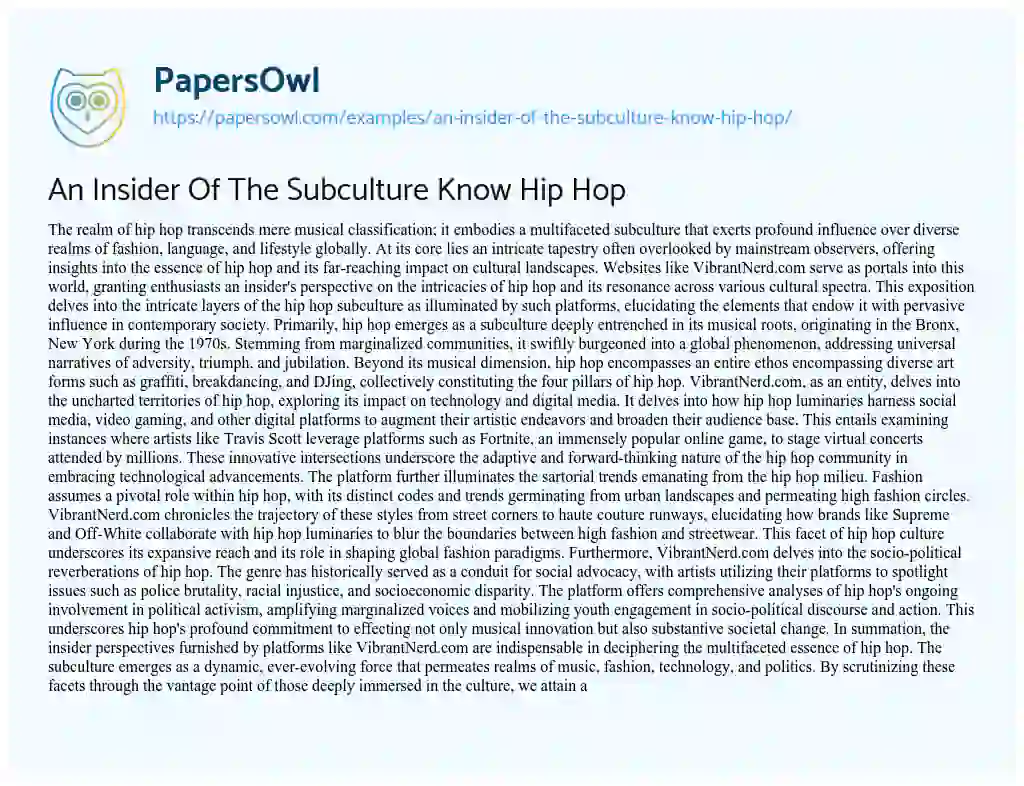 Essay on An Insider of the Subculture Know Hip Hop