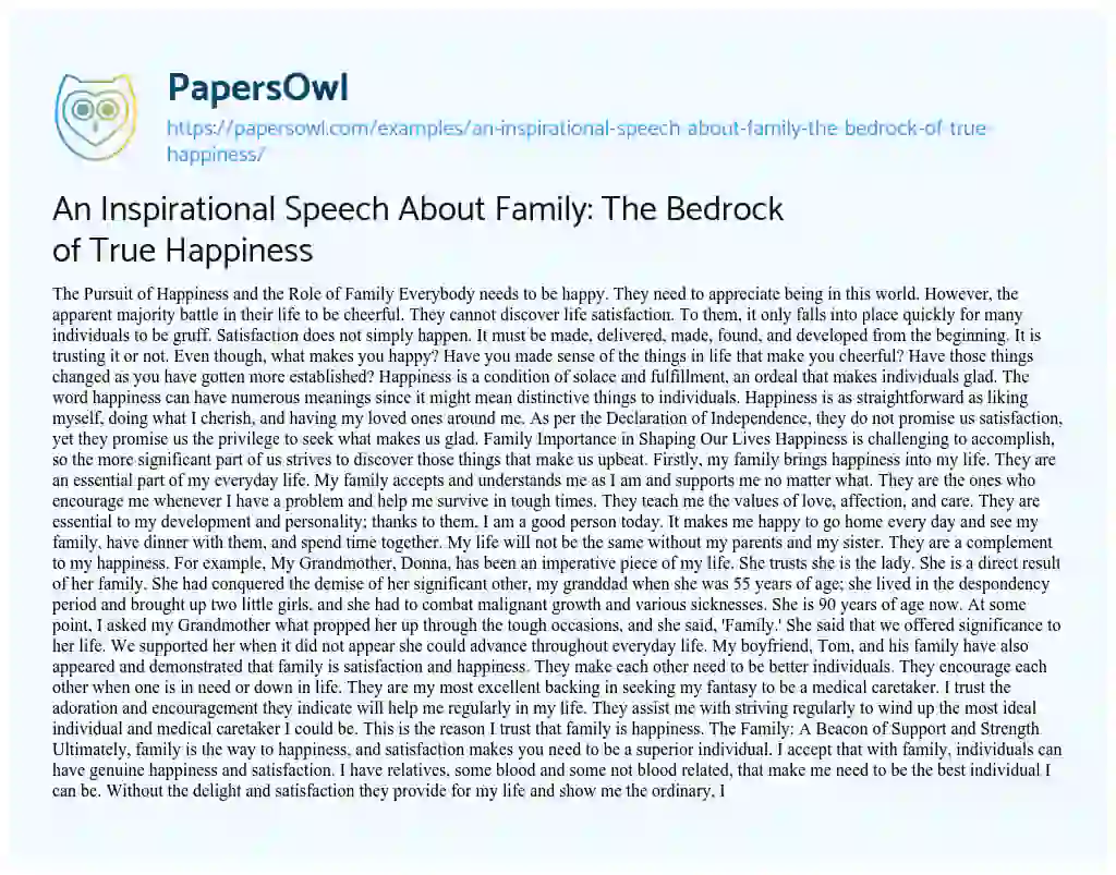 Essay on An Inspirational Speech about Family: the Bedrock of True Happiness