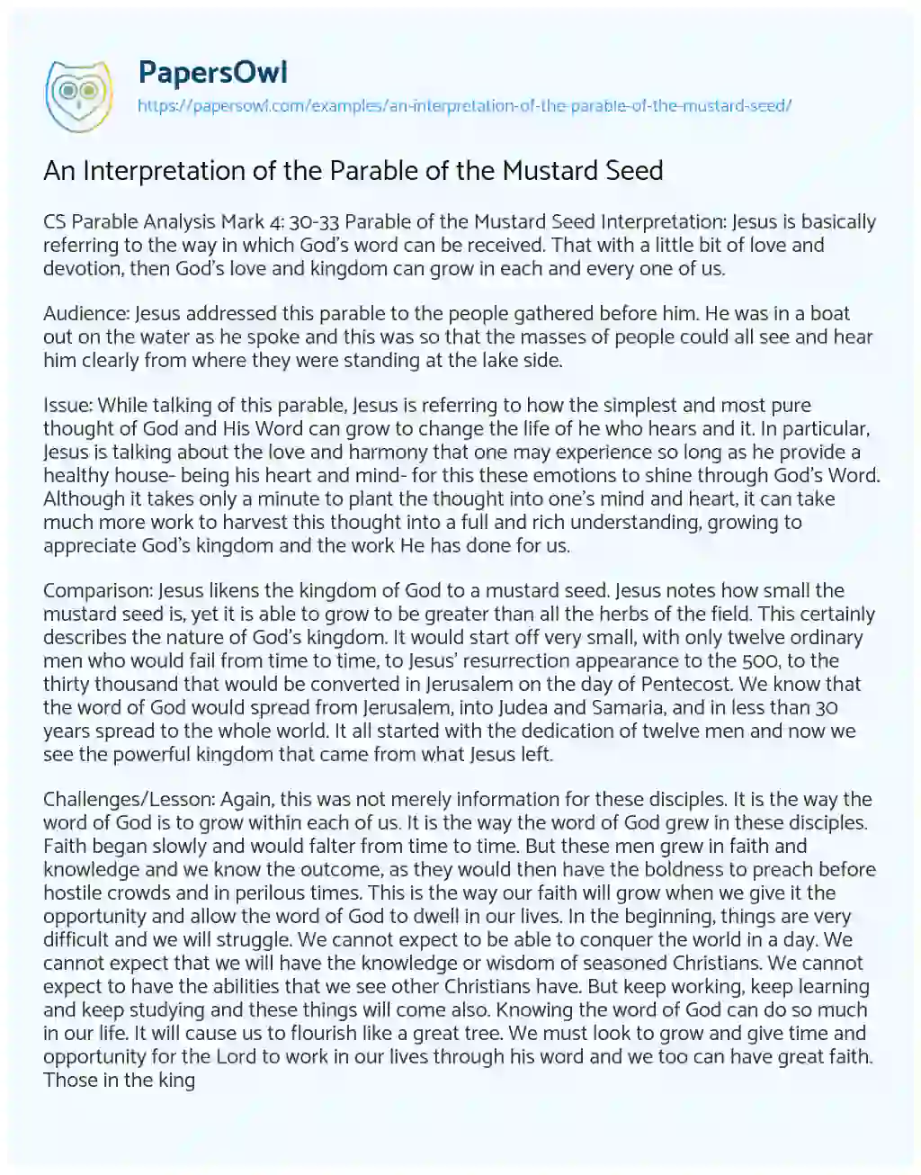 Essay on An Interpretation of the Parable of the Mustard Seed